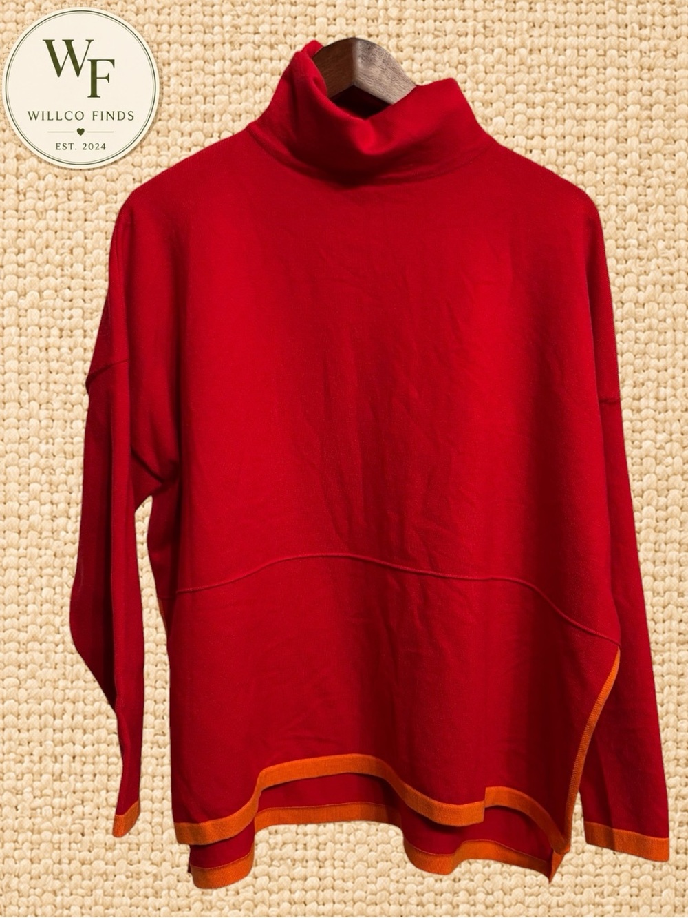 THML Red Orange Trim Turtleneck Sweater Women’s M Oversized Tunic Asymmetrical